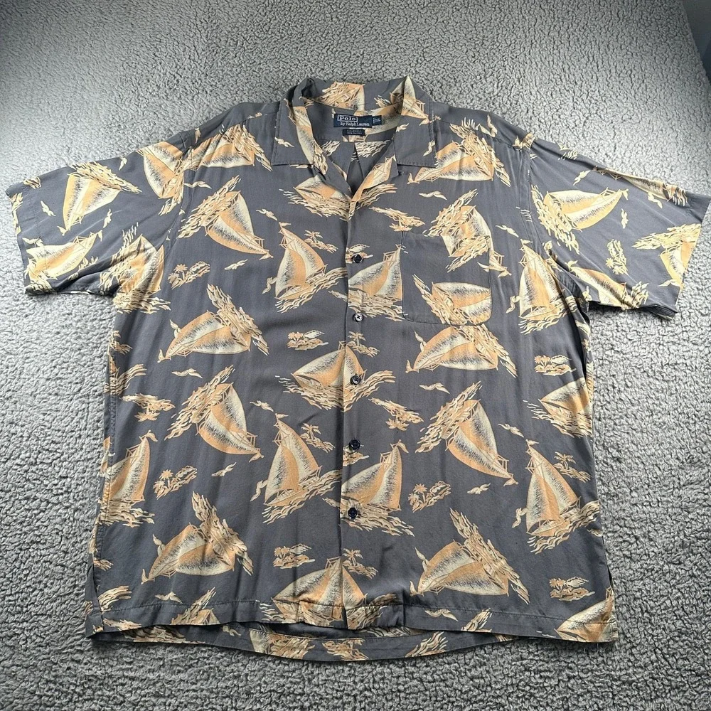 Vtg Polo Ralph Lauren Caldwell Shirt Mens XL Gray Rayon Sailboat Loop Collar 90s